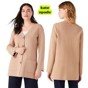Kate Spade New York Tan Knit Cardigan Sweater Scalloped Pockets Button Front "S"